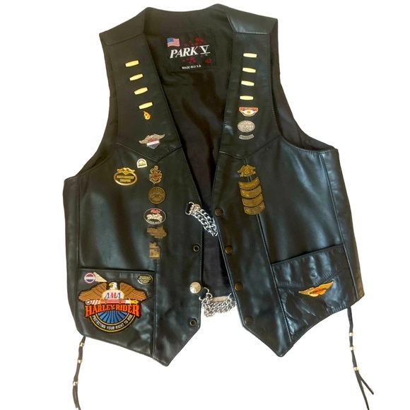 PARK V Vintage 90s Custom Black Leather Biker Vest w/Metal Pins-Patches -Size 42 - Picture 1 of 13